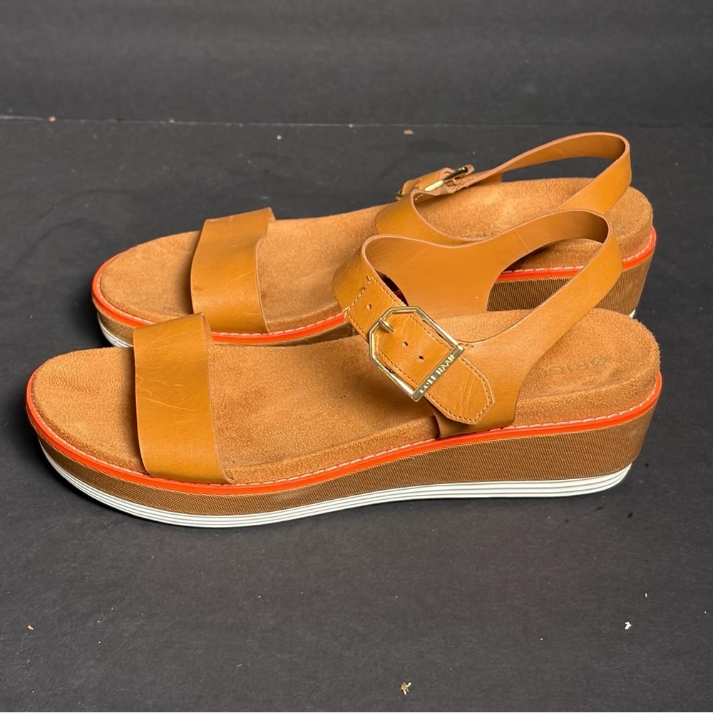 COLE HAAN Women's 8 OriginalGrand Flatform Leather Buckle Wedge Sandals Cognac - Picture 3 of 11